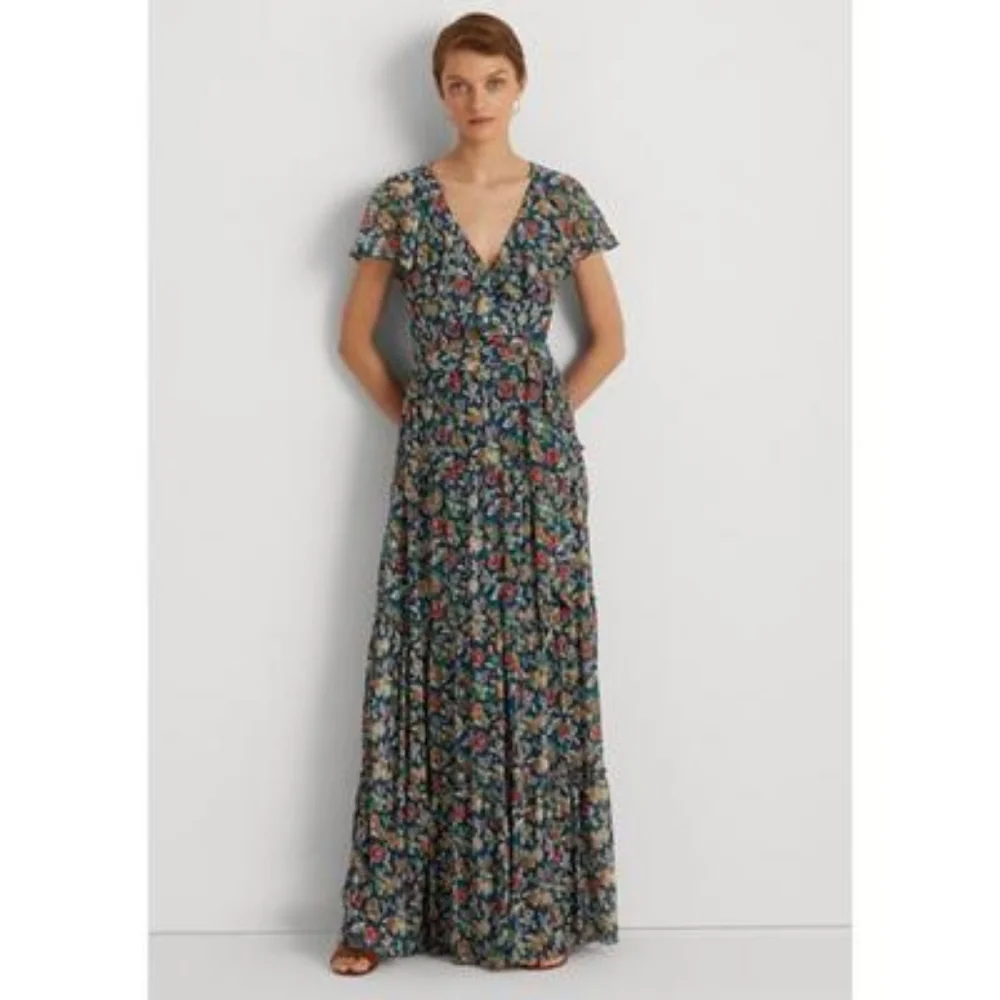 Lauren Ralph Lauren Floral Crinkle Georgette Gown - Blue Multi - Picture 1 of 5